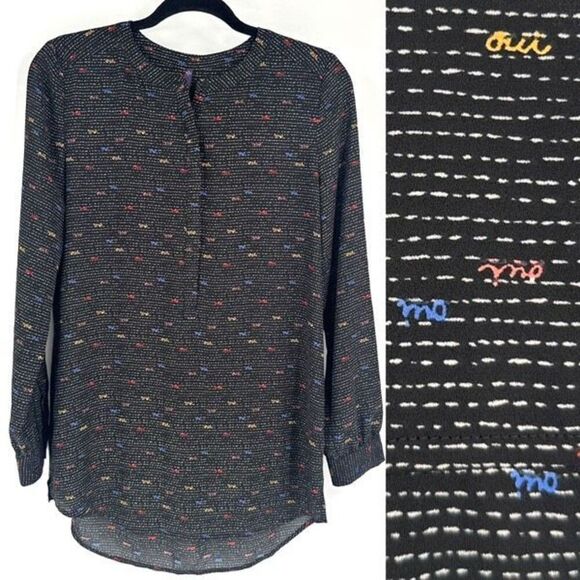 NYDJ Women's Pintuck Oui Printed Long Sleeve Popover Tunic Blouse Black Size XS - Picture 1 of 12